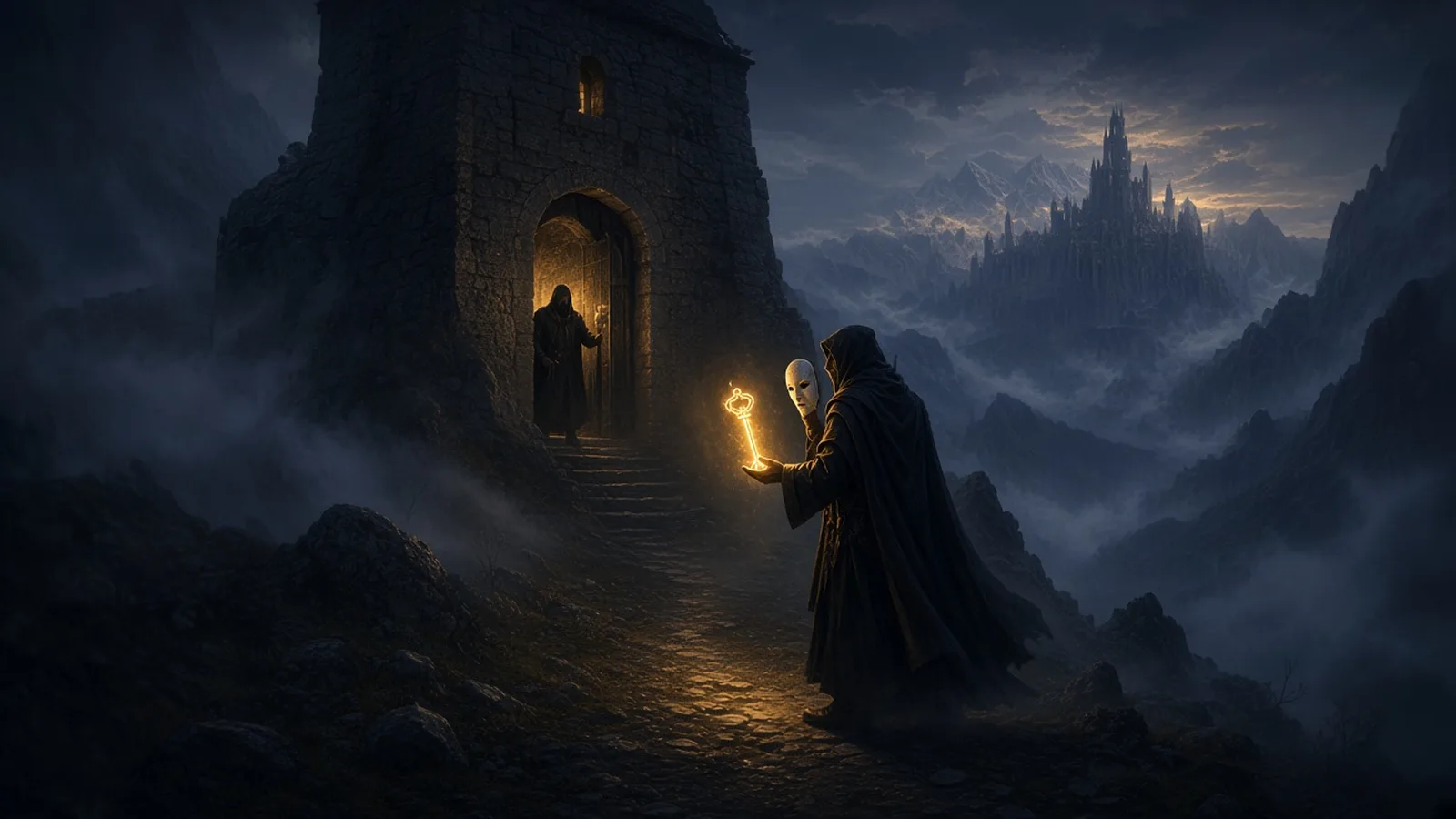 A hooded stranger holding a pale mask before their face offers a glowing amber key to a gatekeeper standing in the lit doorway of a stone watchtower on a misty mountain pass