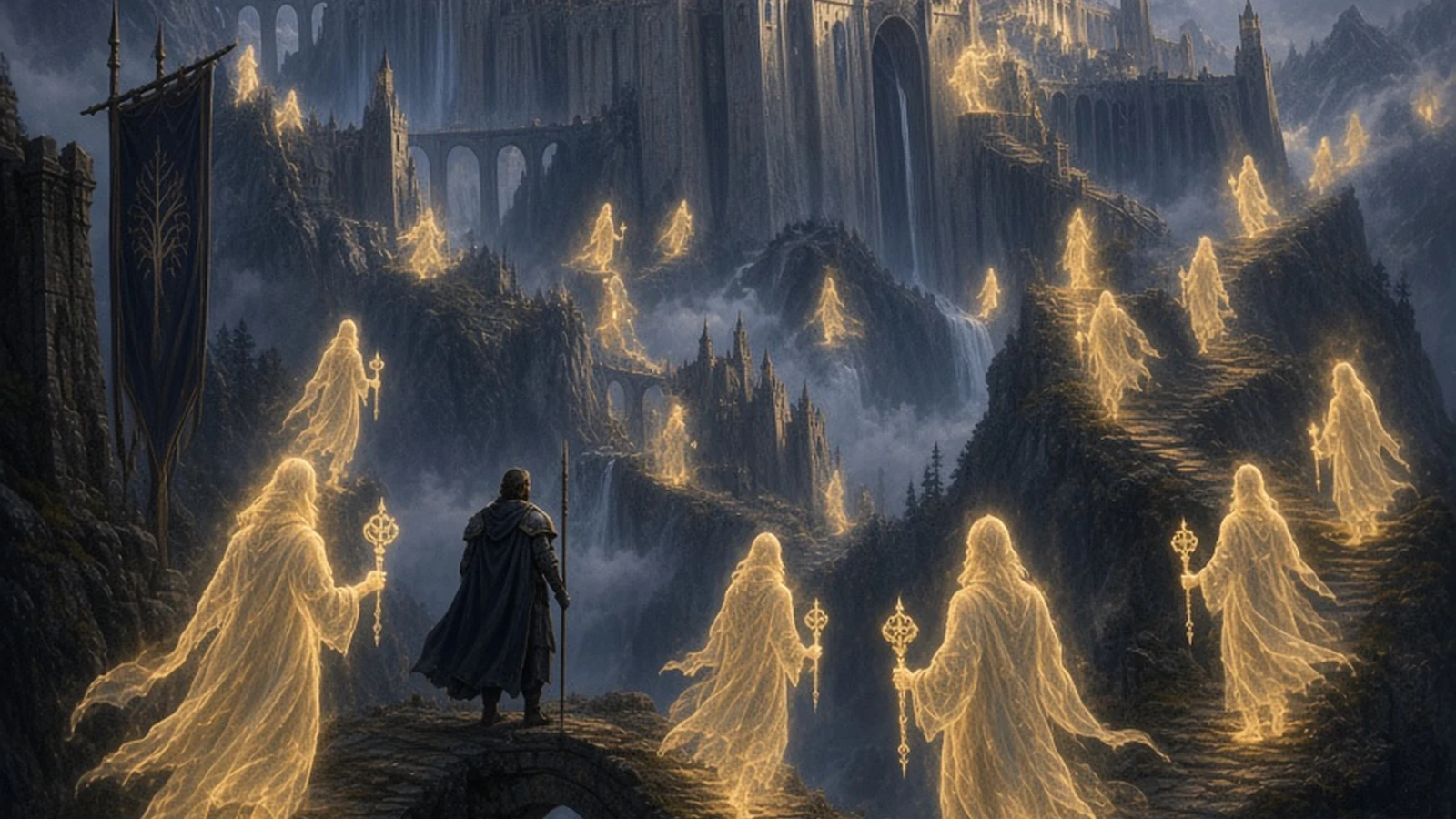 A cloaked traveller with a staff stands on a stone bridge while many glowing golden copies of a figure, each carrying a key-like staff, spread out across mountain paths towards a vast citadel in the mist