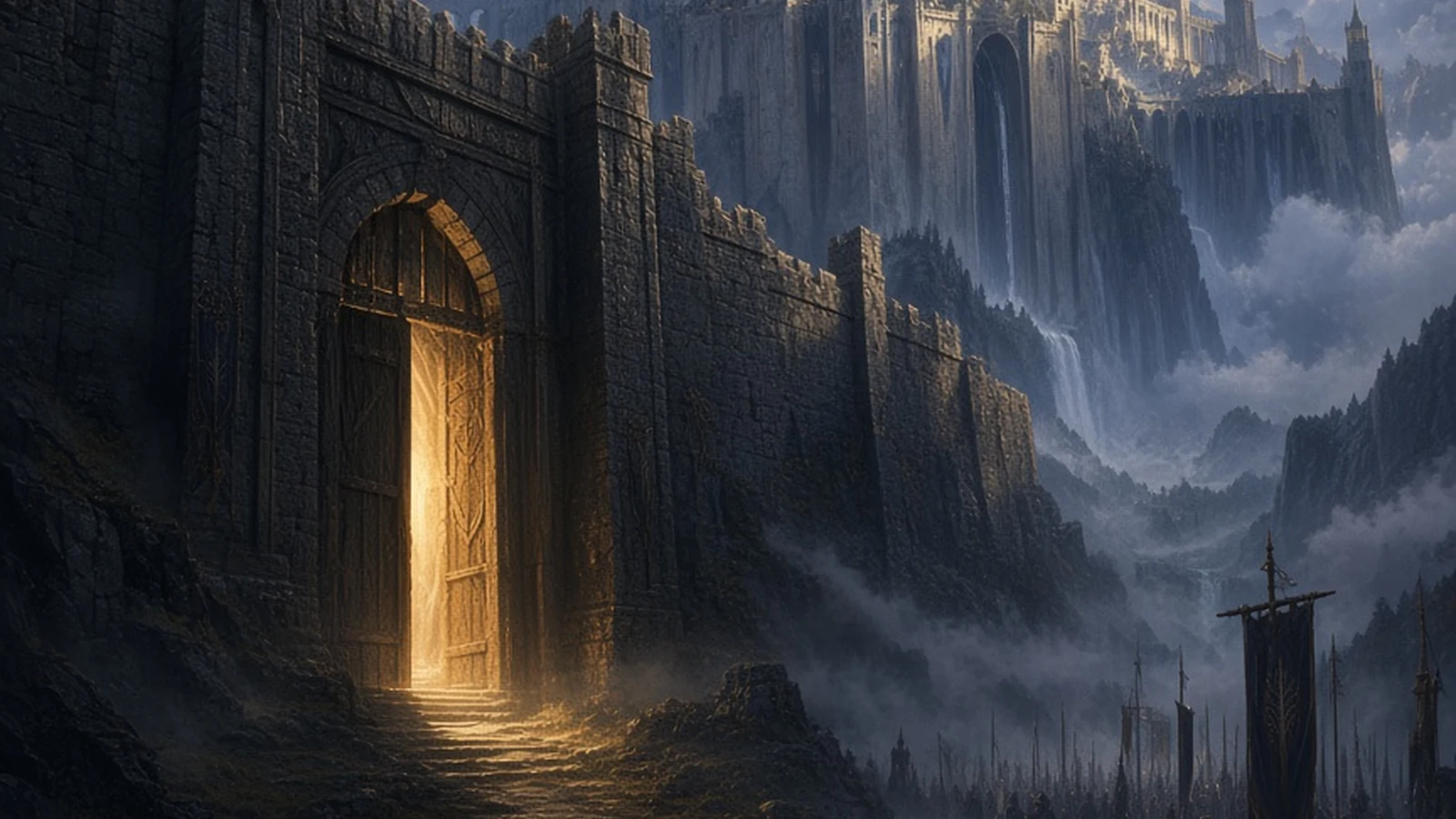 A heavy stone gate standing open with warm amber light spilling out, set in a fortress wall above misty mountains, with a citadel and waterfalls in the distance under a blue-grey sky