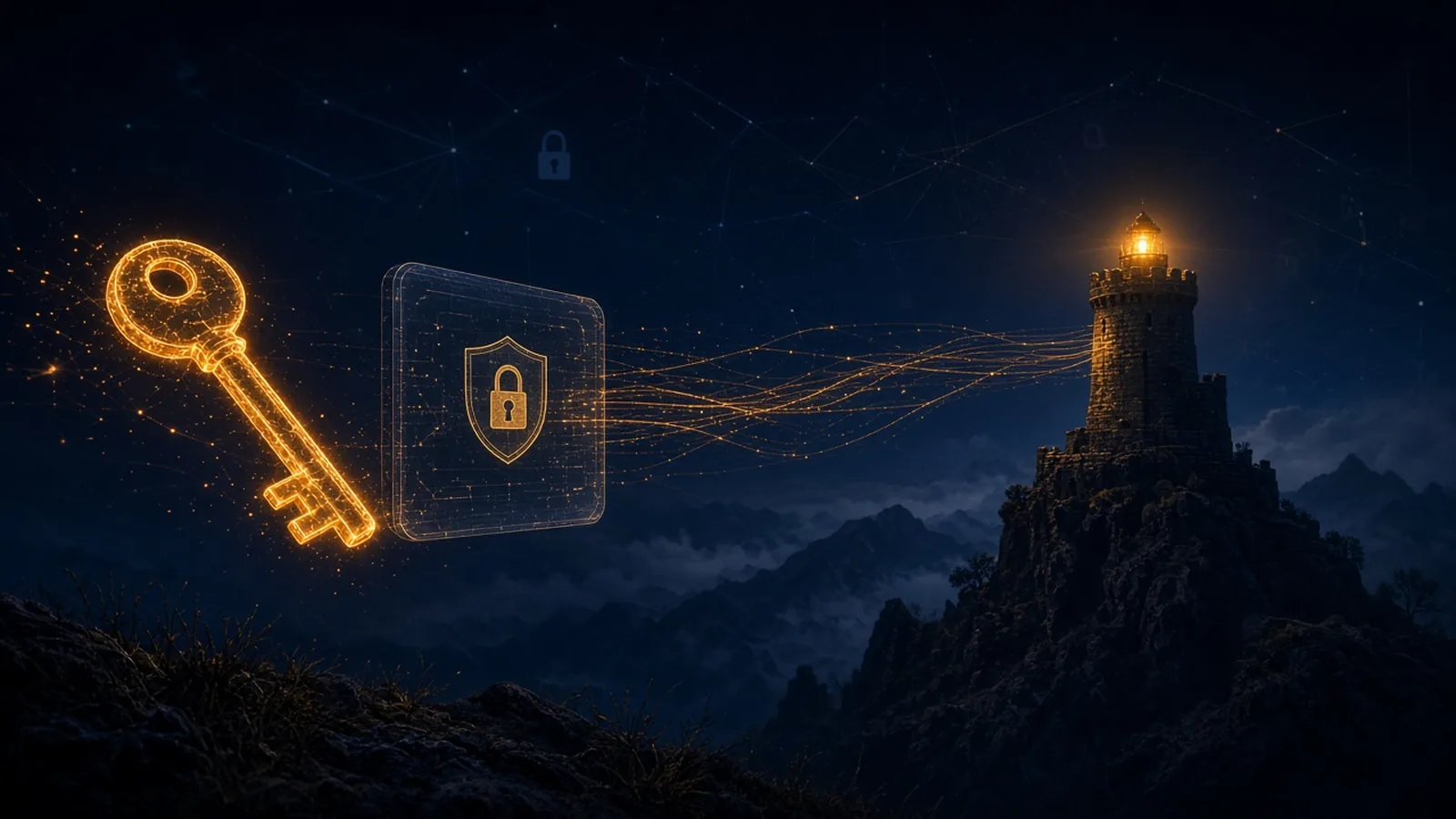 A glowing amber key and a login card with a shield and padlock, with amber data threads streaming towards a stone watchtower and its beacon on a mountain under a dark navy sky